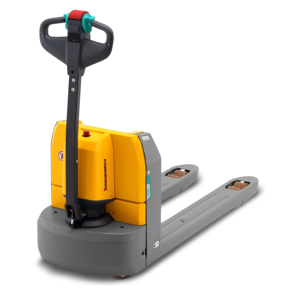 Número de imagen del producto 1: Transpaleta eléctrica Jungheinrich AME 15, capacidad de carga 1.500 kg, longitud de horquilla 1.150 mm, ancho de horquilla especial 670 mm, rodillos en tándem