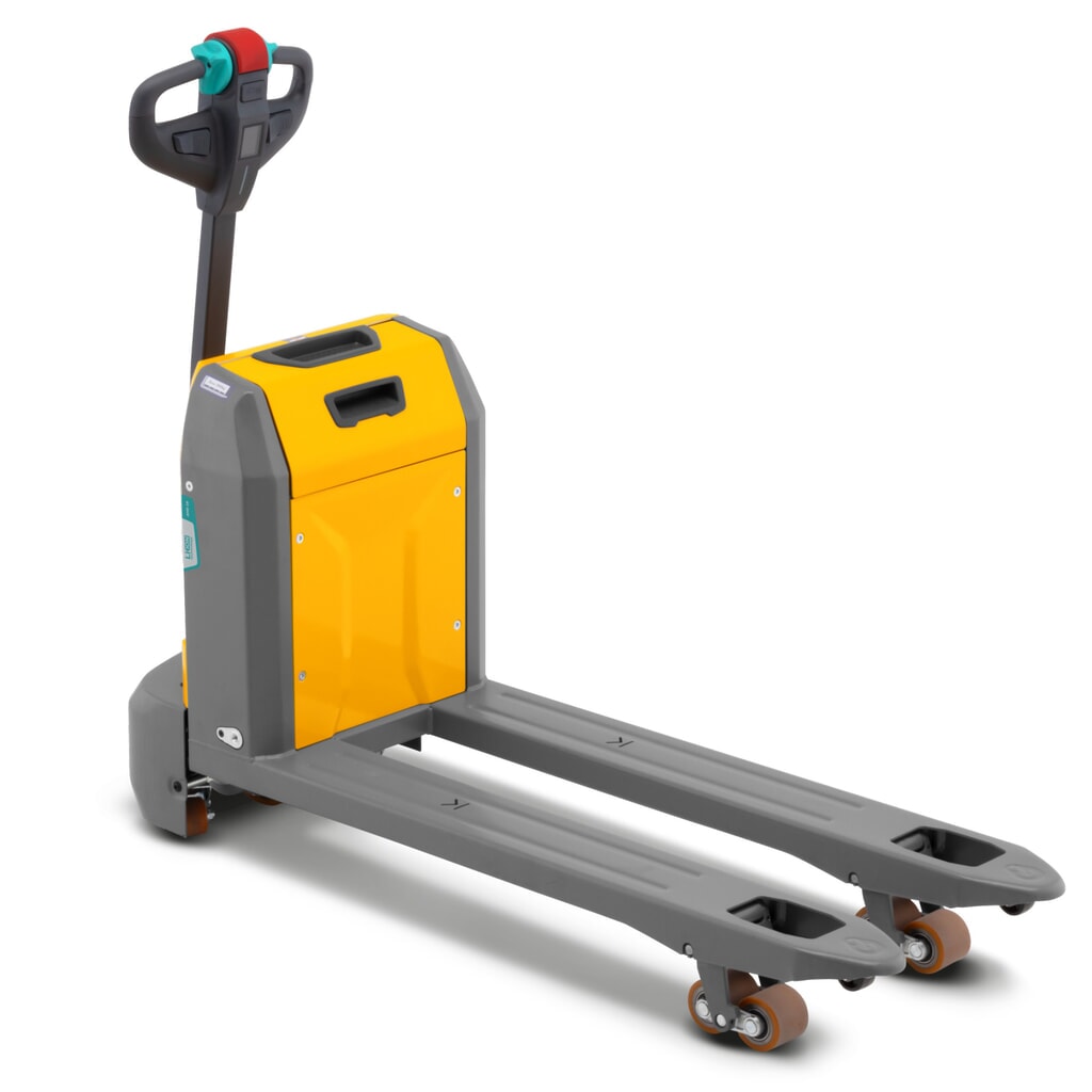 Transpaleta eléctrica Jungheinrich AME 18, capacidad de carga 1.800 kg, longitud de horquilla 1.150 mm, ancho de horquilla especial 670 mm, rodillos en tándem Número de imagen del producto 1: Transpaleta eléctrica Jungheinrich AME 18, capacidad de carga 1.800 kg, longitud de horquilla 1.150 mm, ancho de horquilla especial 670 mm, rodillos en tándem