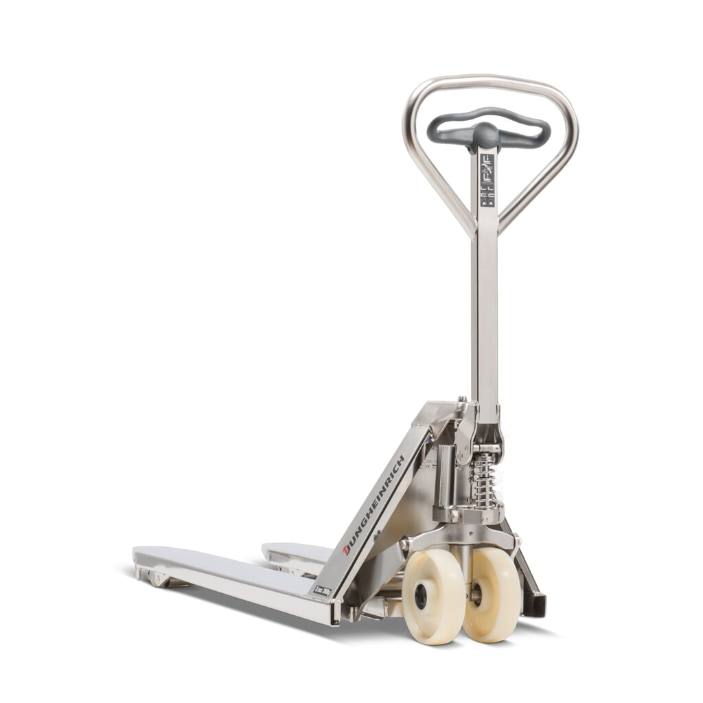Número de imagen del producto 1: Transpaleta manual de acero inoxidable Jungheinrich AM I20p, versión profesional, capacidad de carga 2.000 kg, horquilla de ancho especial 680 mm, longitud de horquilla 1.220 mm, nailon, rodillos tándem