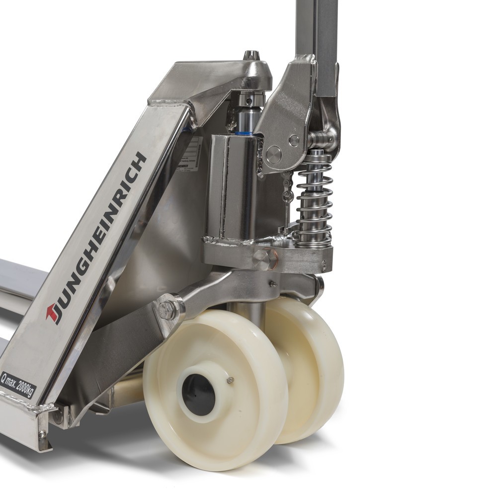 Número de imagen del producto 3: Transpaleta manual de acero inoxidable Jungheinrich AM I20p, versión profesional, capacidad de carga 2.000 kg, horquilla de ancho especial 680 mm, longitud de horquilla 810 mm, nailon, rodillos tándem