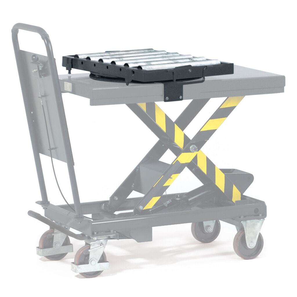 Transportador de rodillos para transpaleta tijeras con antideslizante, giratorio Imagen del producto: Transportador de rodillos para transpaleta tijeras con antideslizante, giratorio
