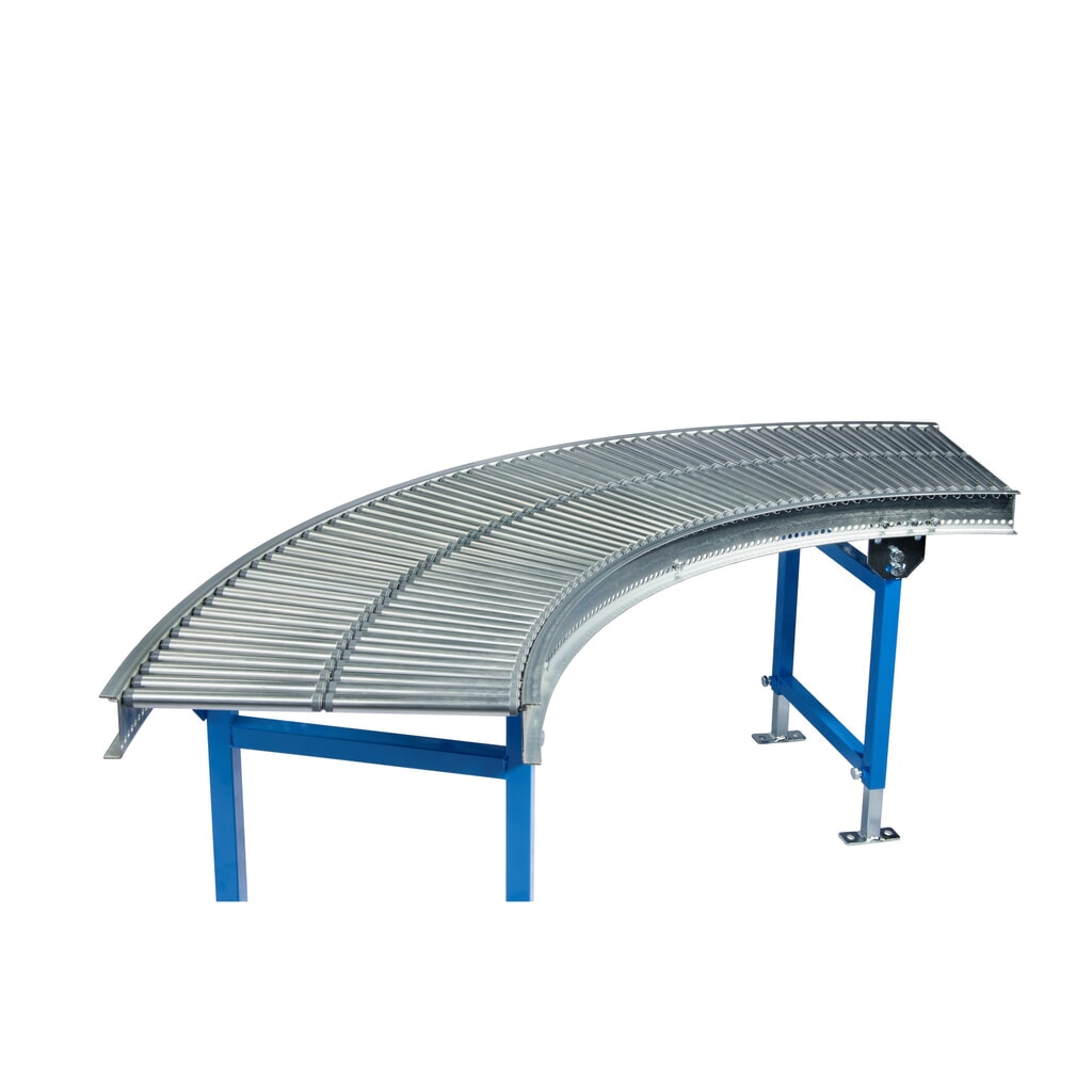 Pequeño transportador de rodillos, rodillos tubulares de acero, curva de 90°, ancho de banda 300 mm, distancia central 25 mm Imagen del producto: Pequeño transportador de rodillos, rodillos tubulares de acero, curva de 90°, ancho de banda 300 mm, distancia central 25 mm