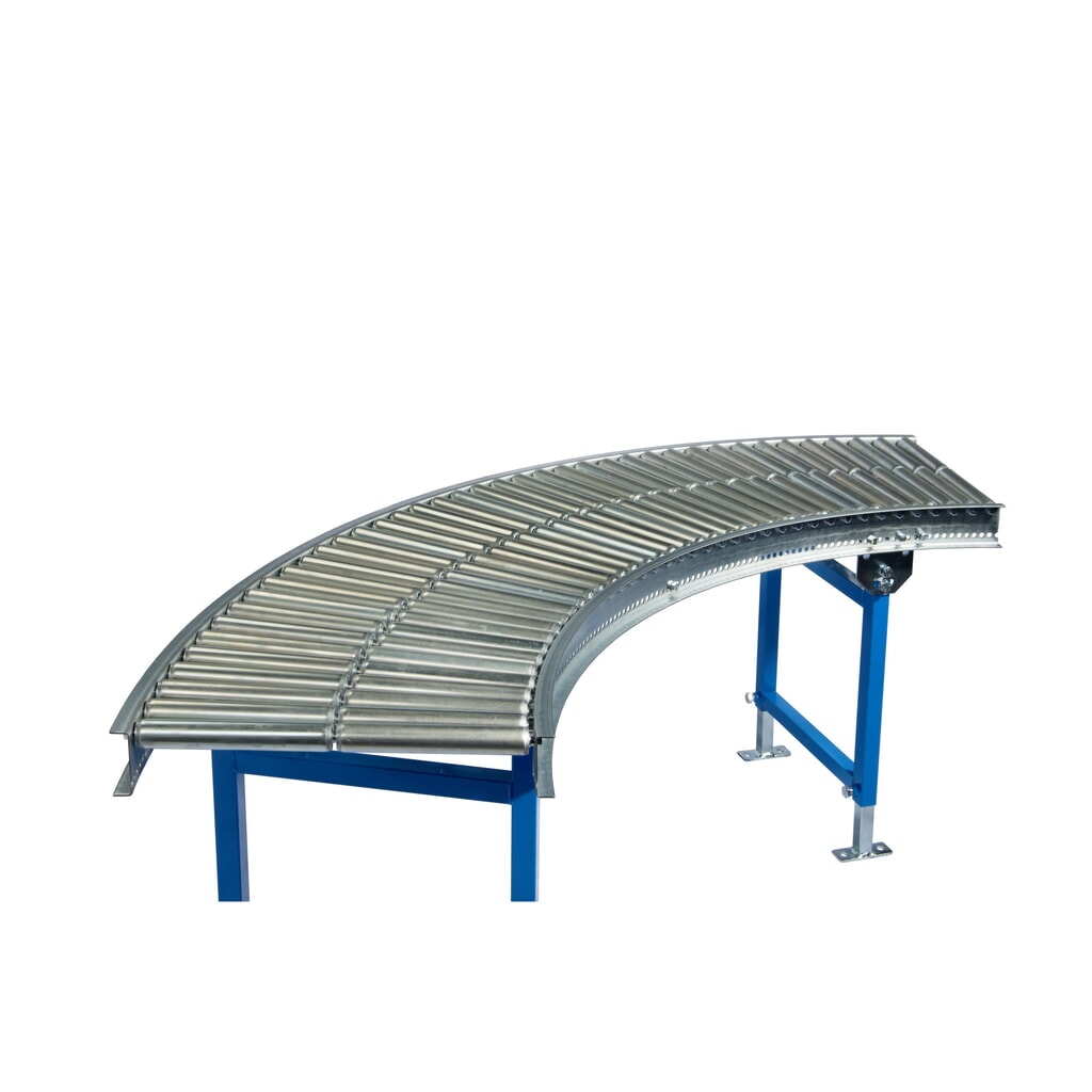 Imagen del producto: Pequeño transportador de rodillos, rodillos tubulares de acero, curva de 45°, ancho de banda 300 mm, distancia central 37,5 mm