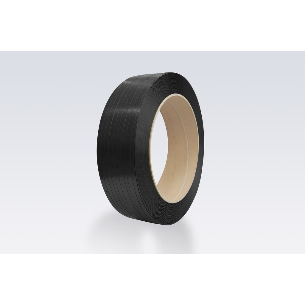 Fleje de PP, calidad mecánica, 18 mm x 1.500 metros lineales, grosor 0,90 mm, núcleo Ø 406 mm, 2 ud./UV, negro Imagen del producto: Fleje de PP, calidad mecánica, 18 mm x 1.500 metros lineales, grosor 0,90 mm, núcleo Ø 406 mm, 2 ud./UV, negro