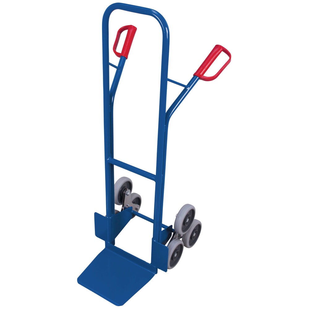 Número de imagen del producto 1: Carretilla de mano para escaleras VARIOfit® de acero, capacidad de carga de 200 kg, estrella de ruedas de 3 brazos, pala AnxF 320 x 245 mm, bandajes termoplásticos, azul genciana