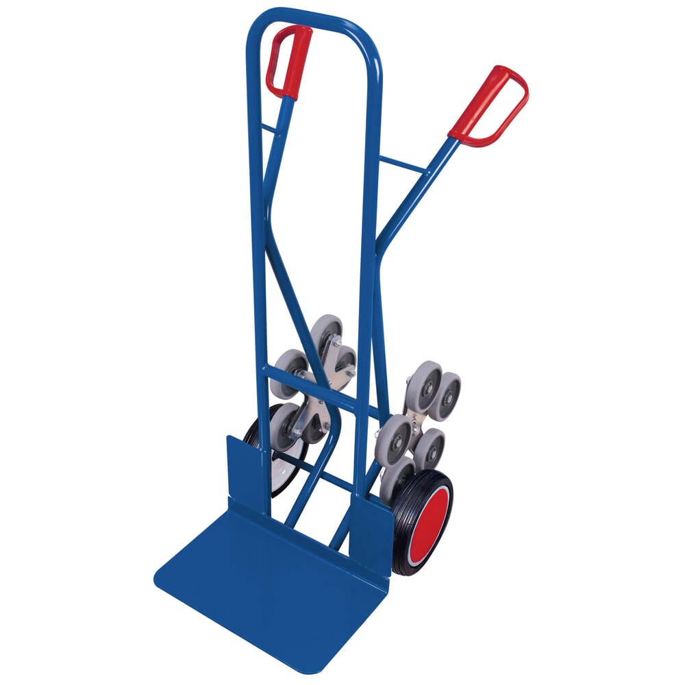 Número de imagen del producto 1: Carretilla de mano para escaleras VARIOfit® de acero, capacidad de carga 200 kg, estrella de ruedas de 5 brazos, pala AnxF 480 x 300 mm, bandajes de goma maciza, azul genciana