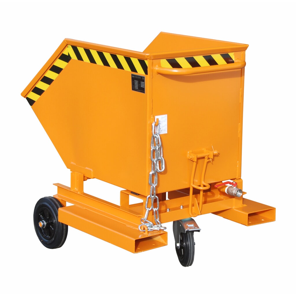 Bauer® Volquete de virutas, posibilidad de descarga a ras de suelo, pintado, volumen 0,25 m³, con huecos para horquillas, RAL 2000 amarillo naranja Imagen del producto: Bauer® Volquete de virutas, posibilidad de descarga a ras de suelo, pintado, volumen 0,25 m³, con huecos para horquillas, RAL 2000 amarillo naranja